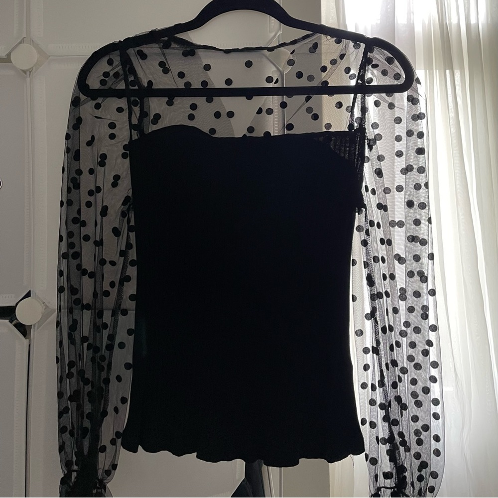 SHIEN Black long sleeve polka dot blouse